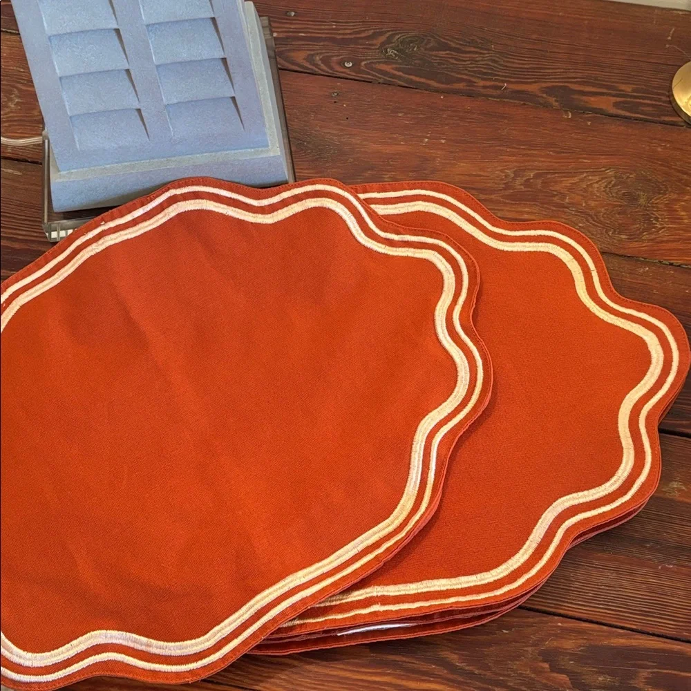 Anthropologie Orange Scalloped Table Linens with Cream Trim